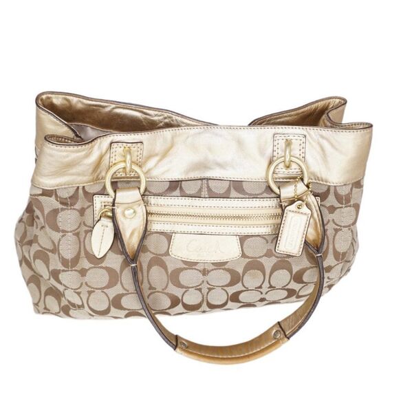 Coach Penelope Signature Logo Monogram Khaki Tote with Gold Leather Trim, F15533 - Picture 6 of 9